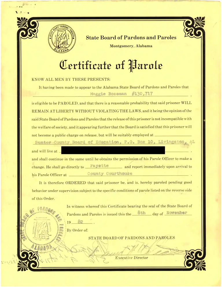 Certificate of Parole for Bozeman (Redacted) preview