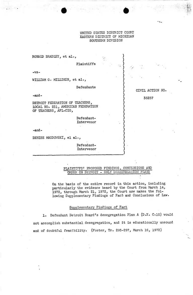 Plaintiffs' Proposed Findings, Conclusions and Order on Detroit-Only Desegregation Plans preview