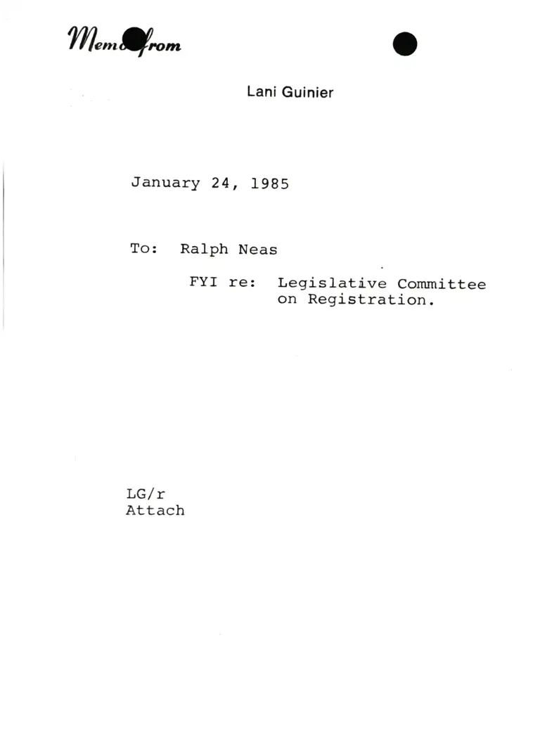 Memorandum from Lani Guinier to Ralph Neas Re Legislative Committee on Registration preview