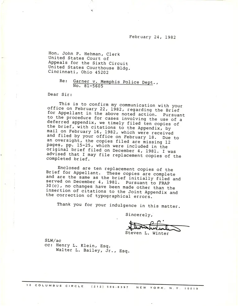 Correspondence from Winter to Clerk Re: Replacement Brief for Appellant preview