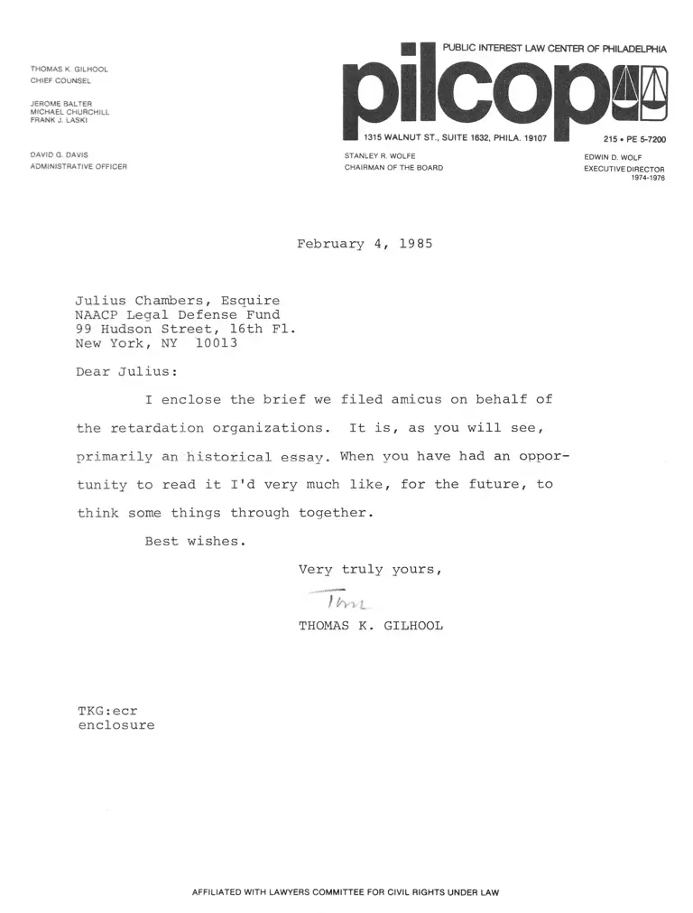 Correspondence from Gilhool to Chambers; City of Cleburne, TX v. Cleburne Living Center Motion and Brief Amici Curiae preview