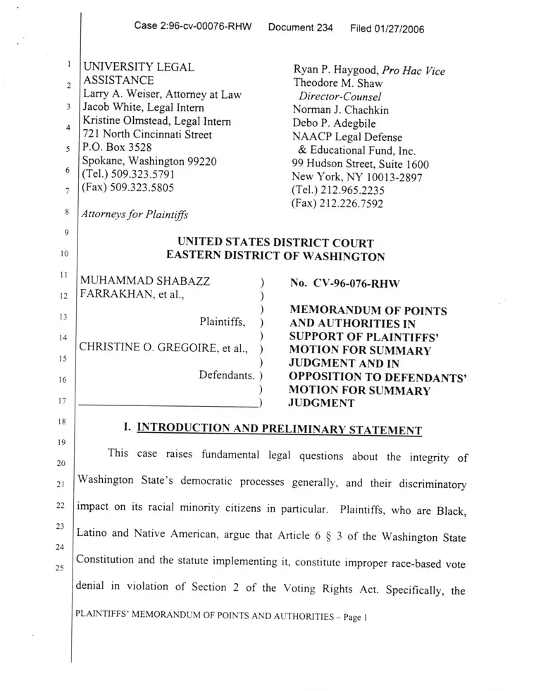 Farrakhan v. Gregoire Memorandum of Points and Authorities in Support of Plaintiffs' Motion for Summary Judgement and in Opposition to Defendants' Motion for Summary Judgement preview