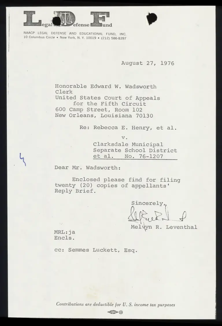 Correspondence from Leventhal to Clerk Re: Reply Brief preview