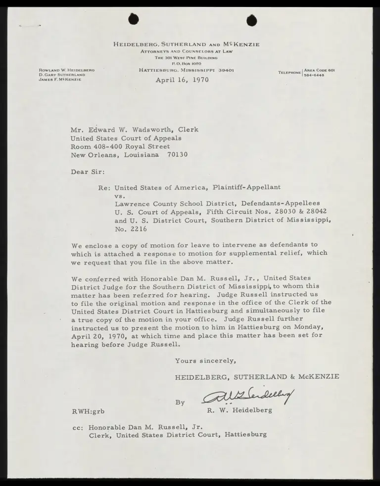 Correspondence from Heidelberg to Clerk Re: Motion for Leave to Intervene as Defendants preview