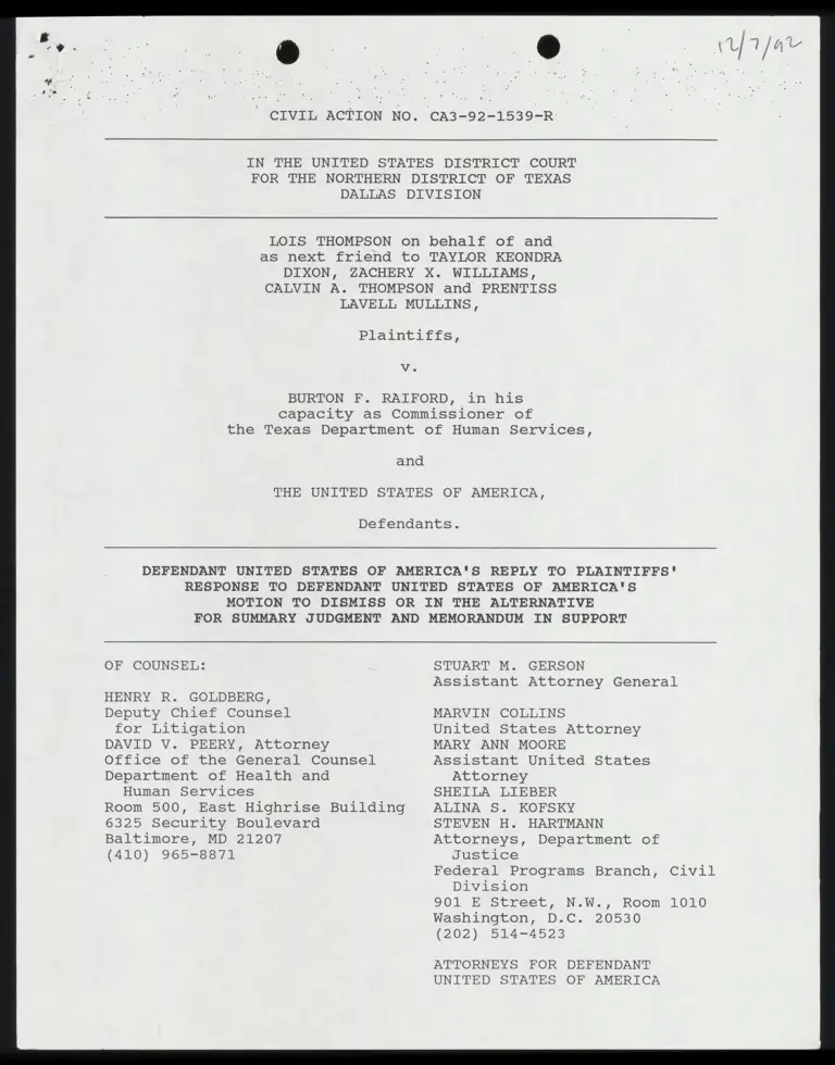 Defendant's Reply to Plaintiffs' Response to Motion to Dismiss or for Summary Judgment and Memorandum in Support preview