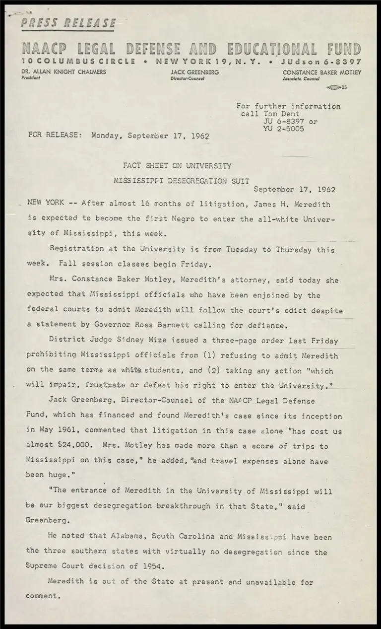 Fact Sheet on University Mississippi Desegregation Suit preview