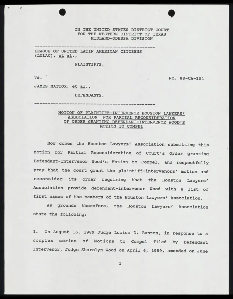 Motion of Plaintiff-Intervenor HLA for Partial Reconsideration of Order Granting Wood's Motion to Compel; Order Granting Motion; Memorandum in Support preview