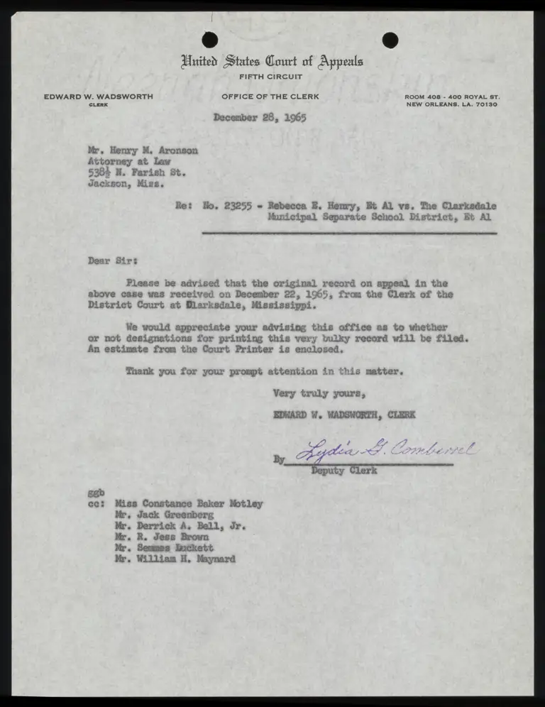 Correspondence from Clerk to Aronson Re: Designations of Record preview