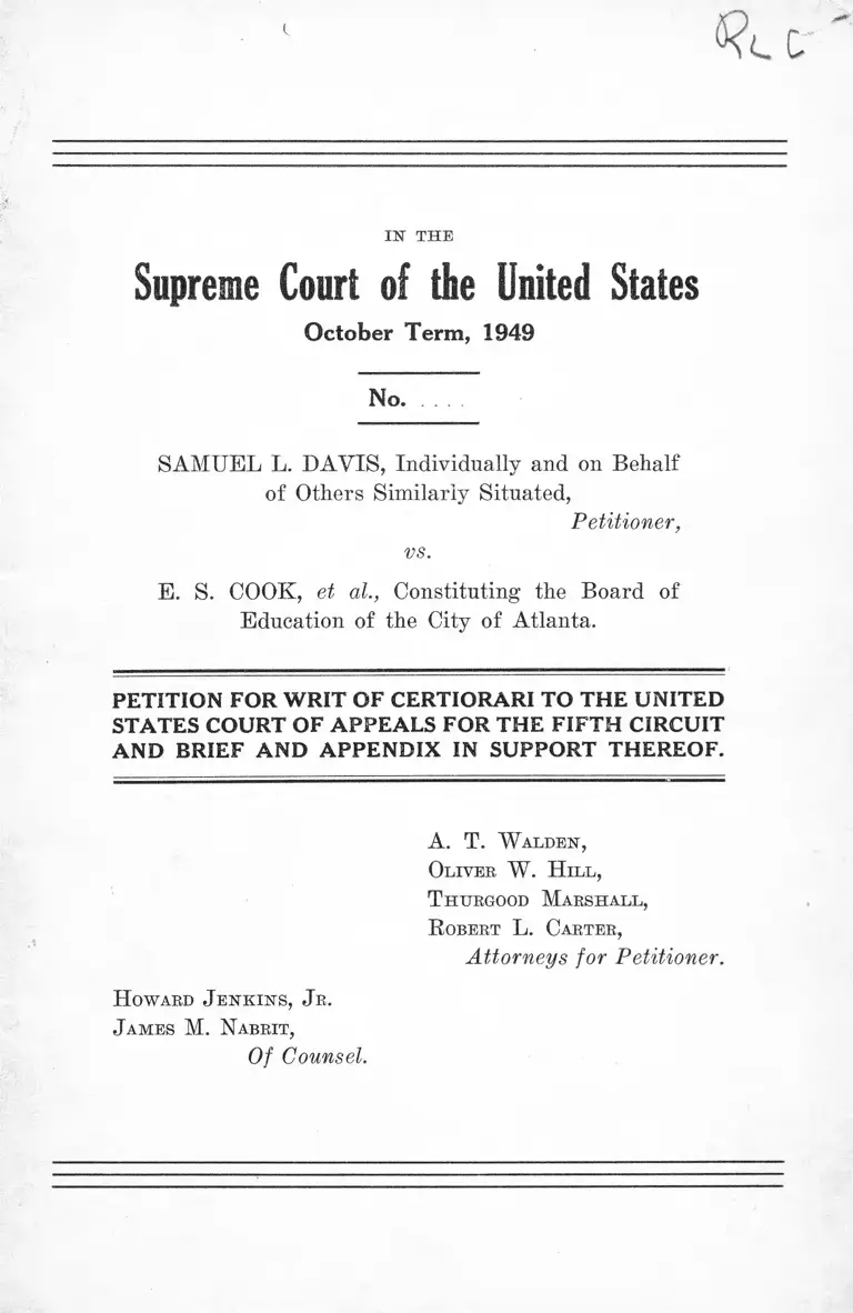Davis v. Cook Petition for a Writ of Certiorari to the US Court of Appeals for the Fifth Circuit and Brief and Appendix in Support Thereof preview