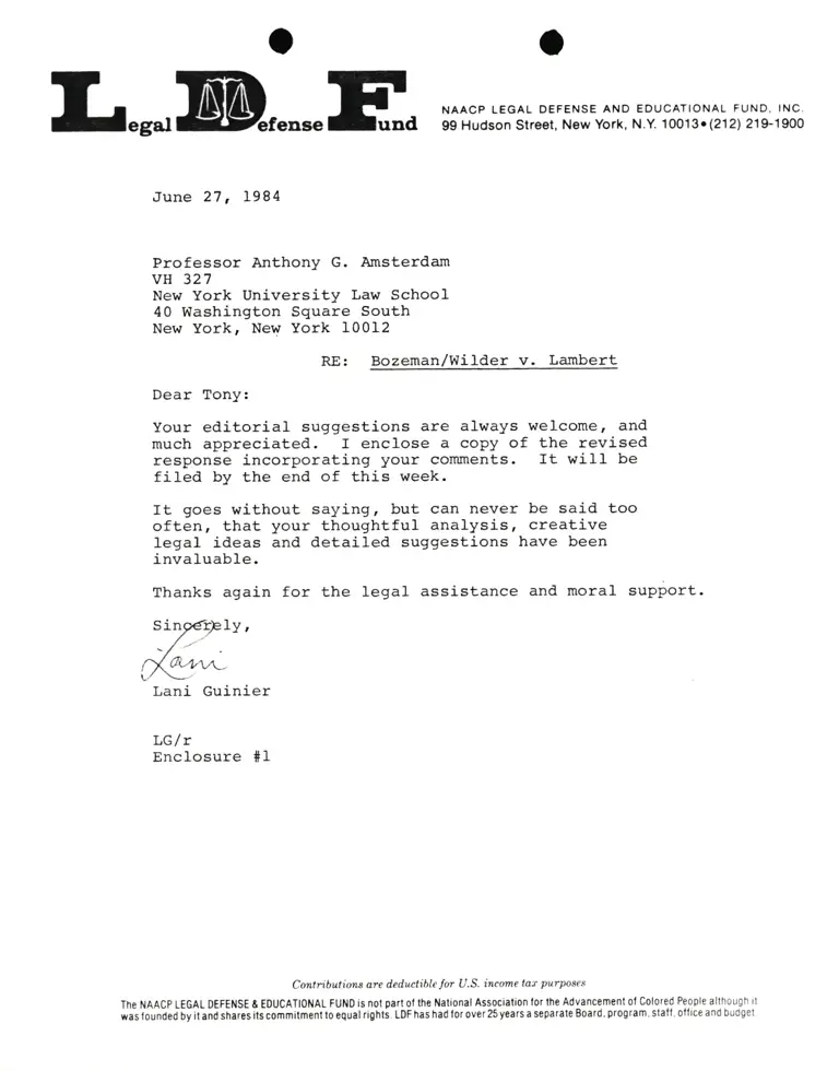 Letter from Lani Guinier to Professor Anthony G. Amsterdam RE: Bozeman/Wilder v. Lambert preview