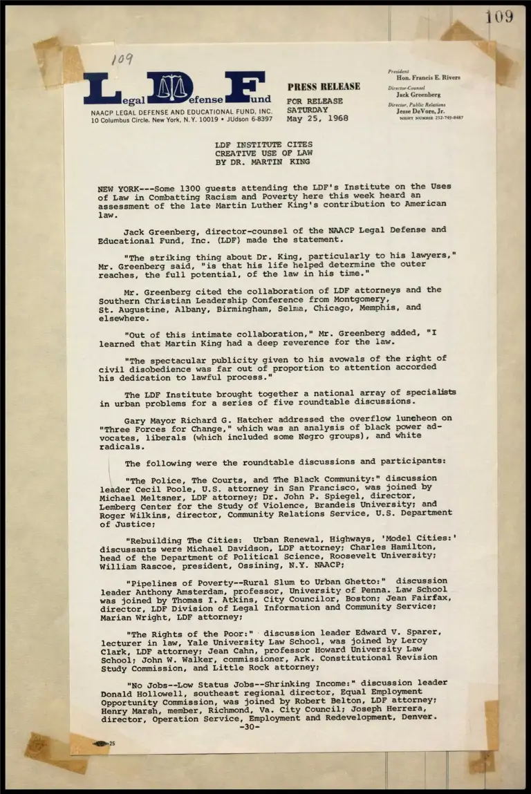 Greenberg Statement - LDF Institute Cites Creative Use of Law by Dr. Martin King preview
