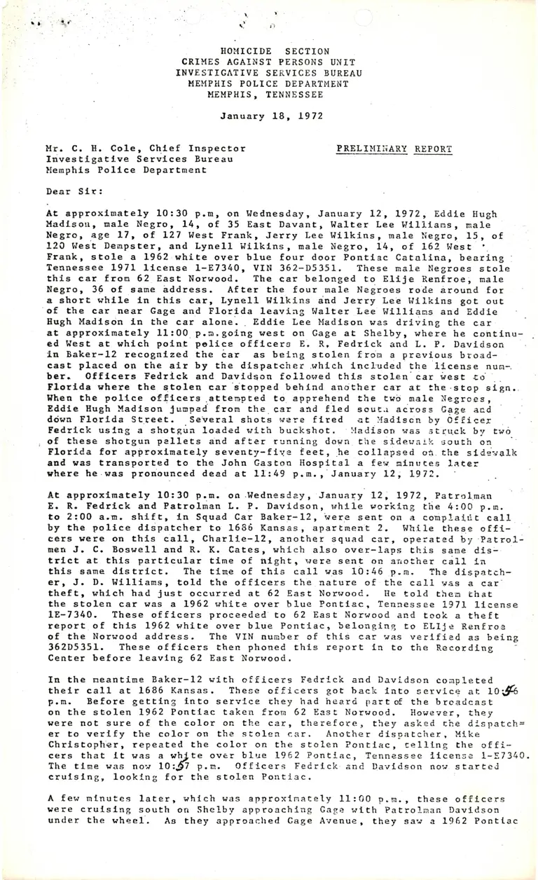 Memphis Police Department Preliminary Report preview