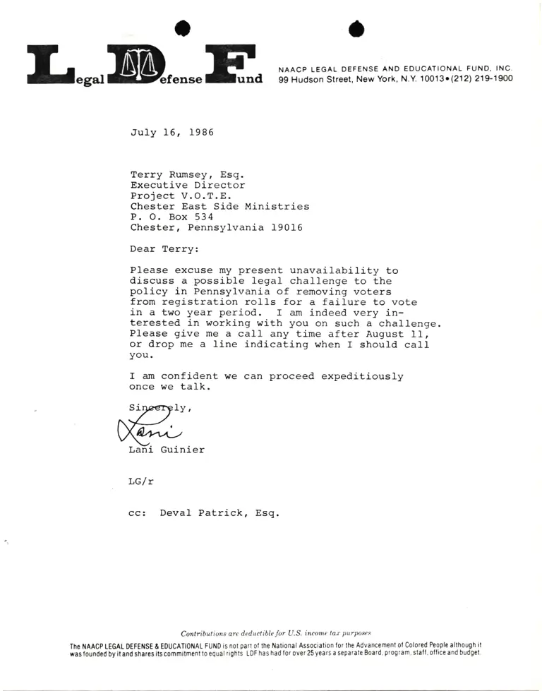 Correspondence from Lani Guinier to Terry Rumsey, Esq. (Project V.O.T.E.) preview