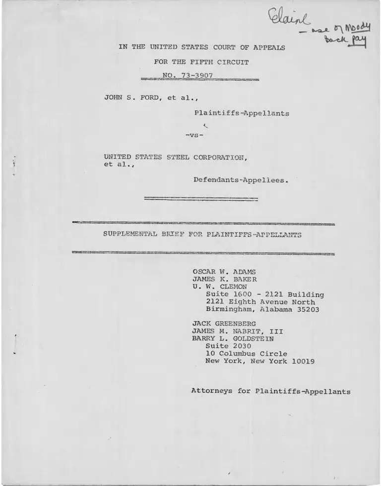 Ford v. United States Steel Corporation Supplemental Brief for Plaintiffs-Appellants preview
