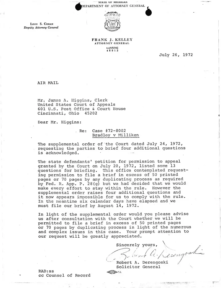 Letter to Court and Counsel of Record from Solicitor General Derengoski Re: Supplemental Order preview