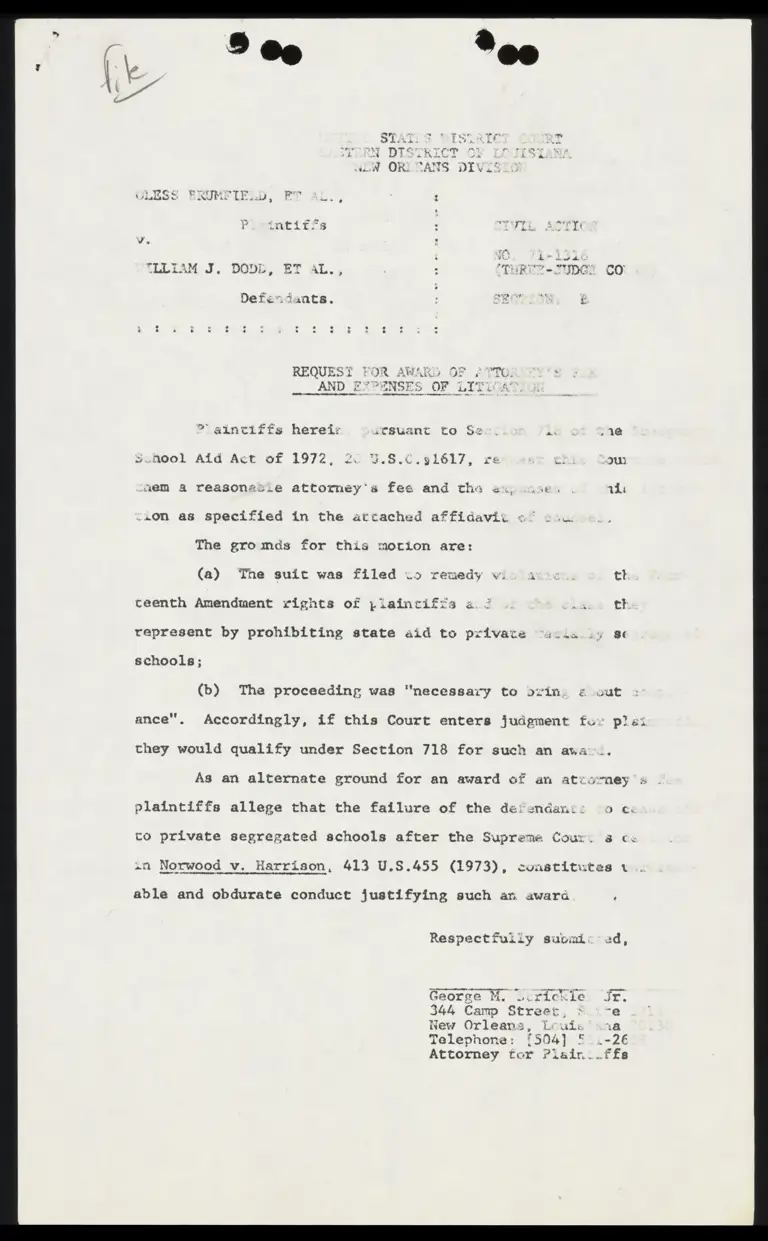 Brumfield v. Dodd Request for Award of Attorney's Fee and Expenses of Litigation preview