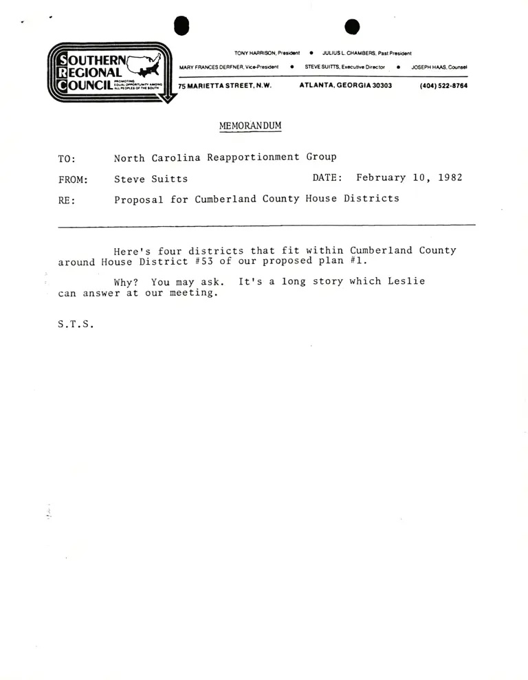 Memorandum from Suitts to North Carolina Reapportionment Group; Proposed House Districts Within Cumberland County Populations preview