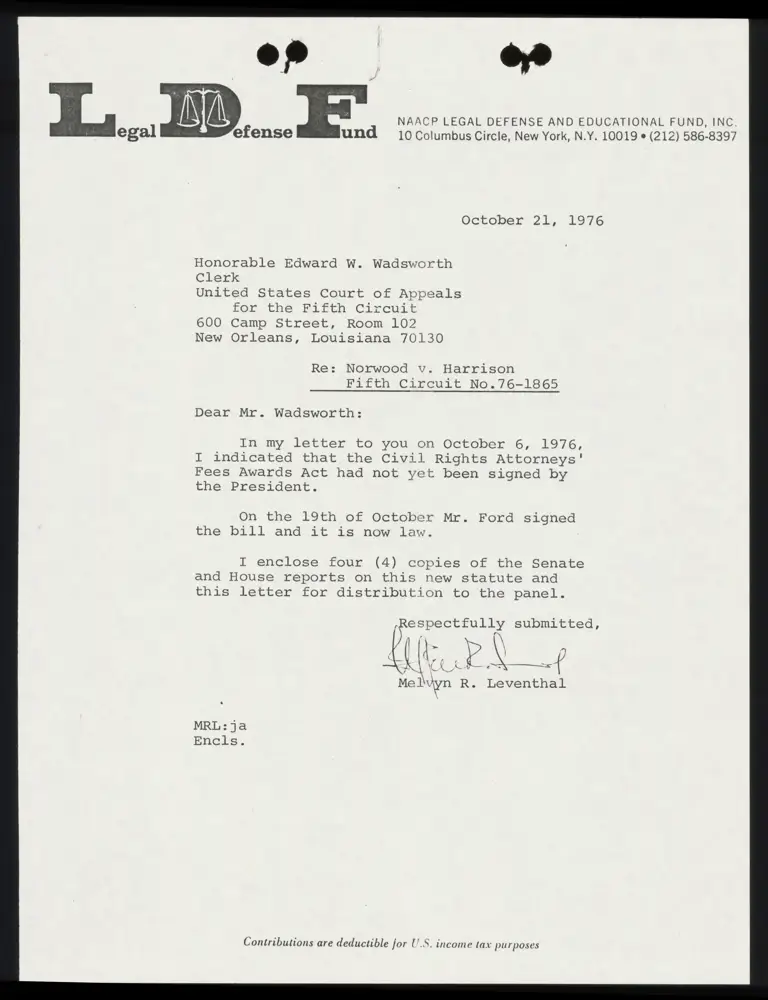 Correspondence from Leventhal to Wadsworth Re: Civil Rights Attorneys' Fees Awards Act preview
