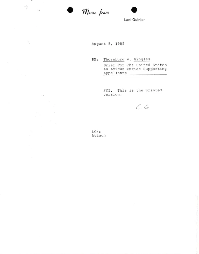 Memorandum from Lani Guinier Re Thornburg v. Gingles Amicus Brief for the United States preview