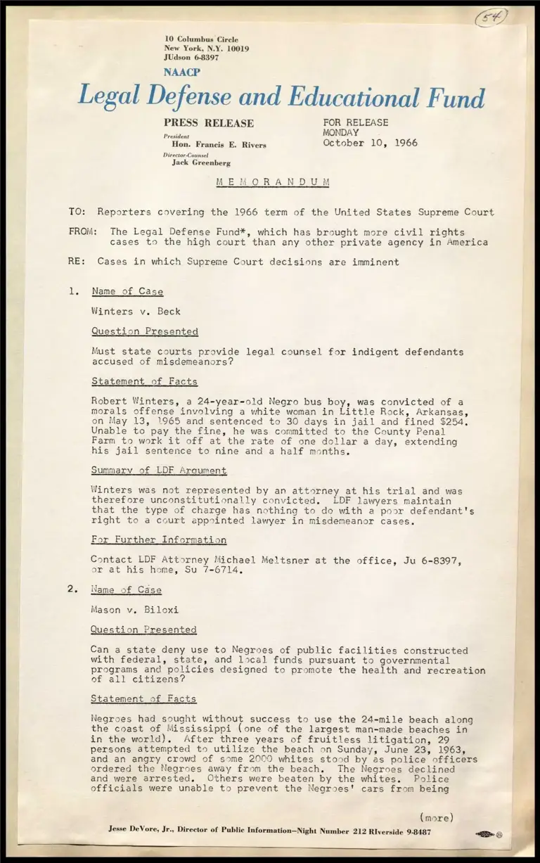 Memorandum on Cases in Which Supreme Court Decisions are Imminent preview