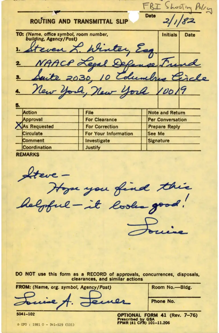 Correspondence from Leiner to Winter Re: FBI Shooting Policy preview