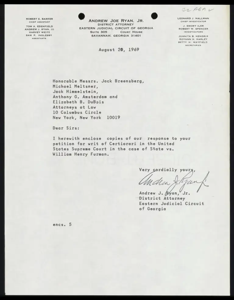 Correspondence from Ryan to Counsel preview