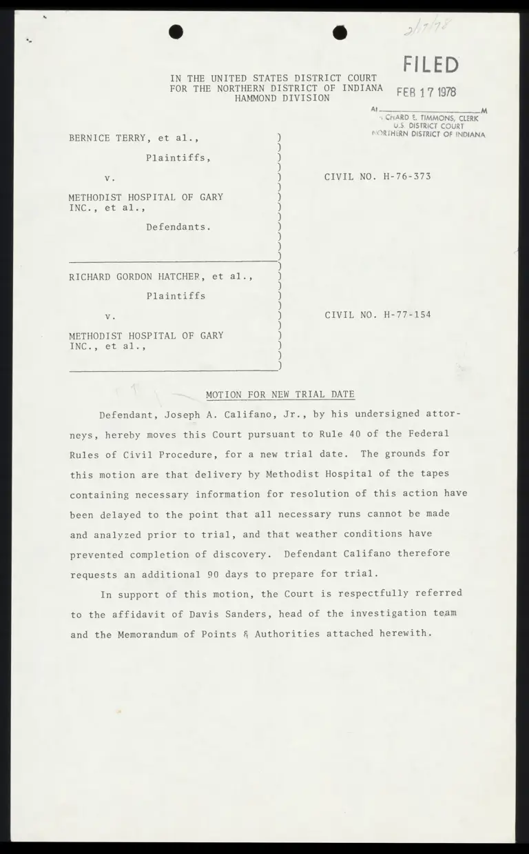 Motion for New Trial Date; Memorandum of Points & Authorities in Support; Affidavit of Davis A. Sanders preview
