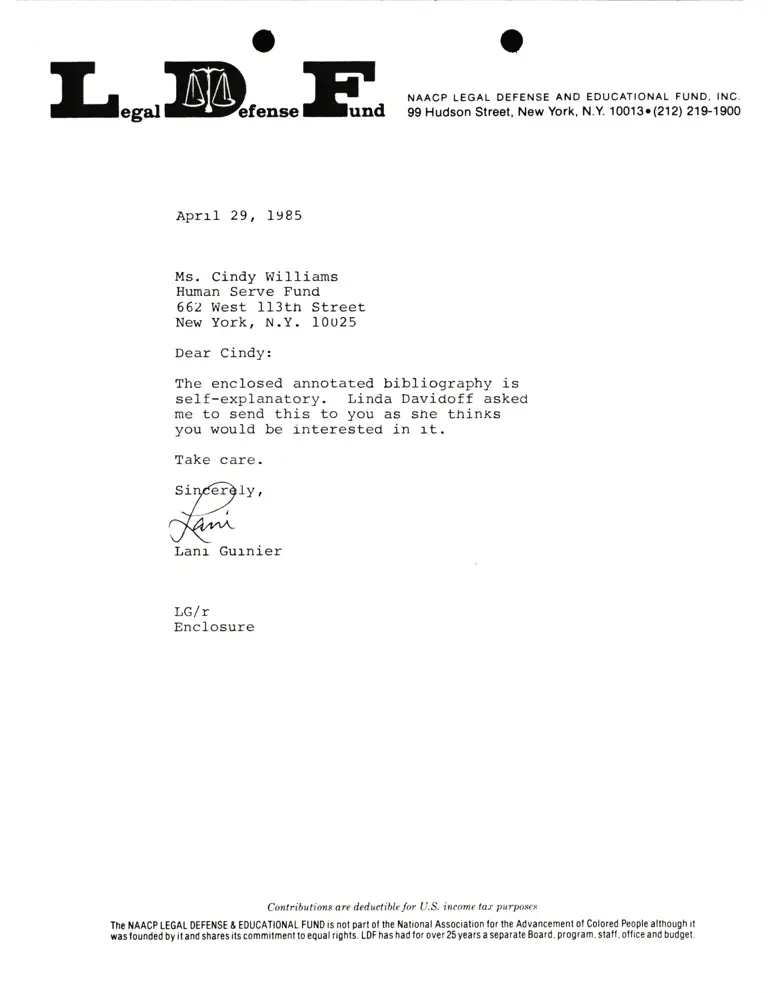 Correspondence from Lani Guinier to Cindy Williams (Human Serve Fund) preview