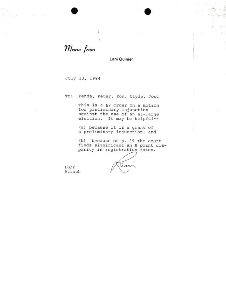Memo from Lani Guinier to Penda, Peter, Joel, Ron, and Clyde Re: Motion for Preliminary Injunction preview