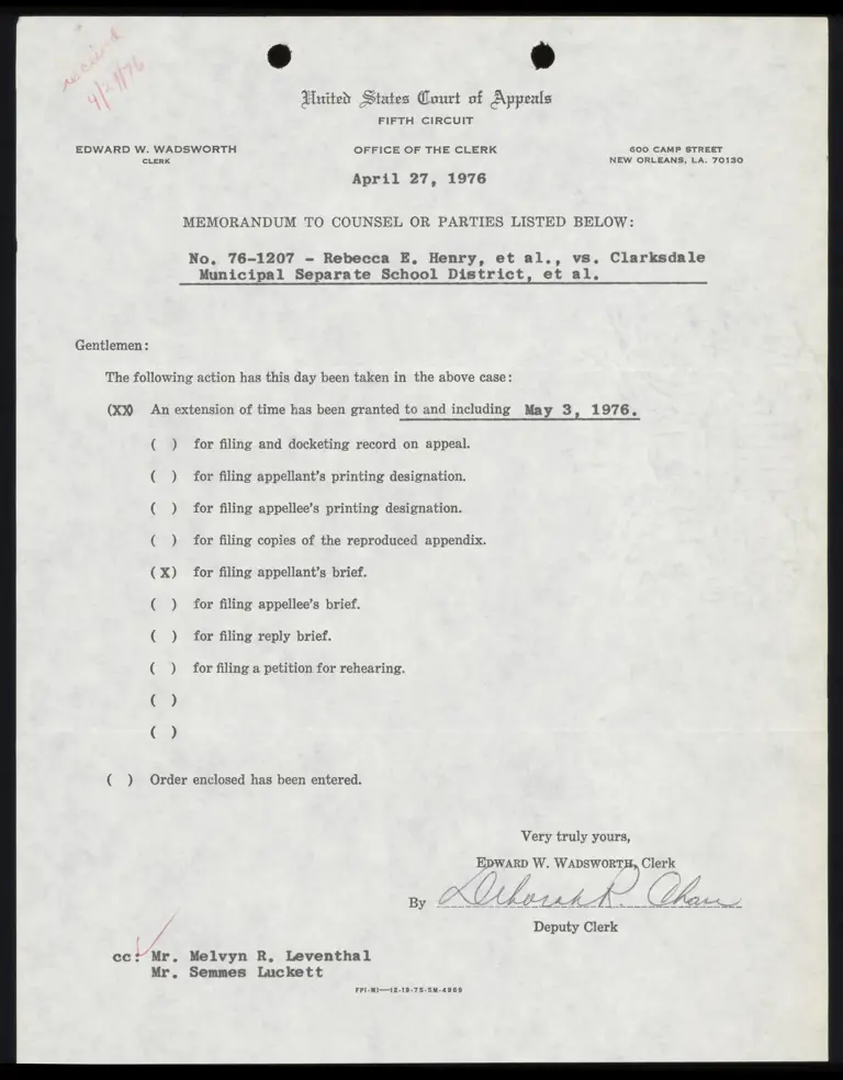 Memo from Clerk to Counsel Re: Notice of Extension of Time preview