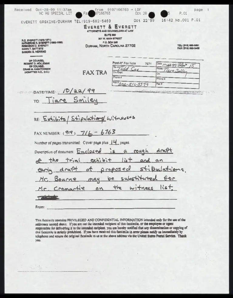 Fax from Everett to Smiley RE: Draft trial exhibit list and proposed stipulations preview
