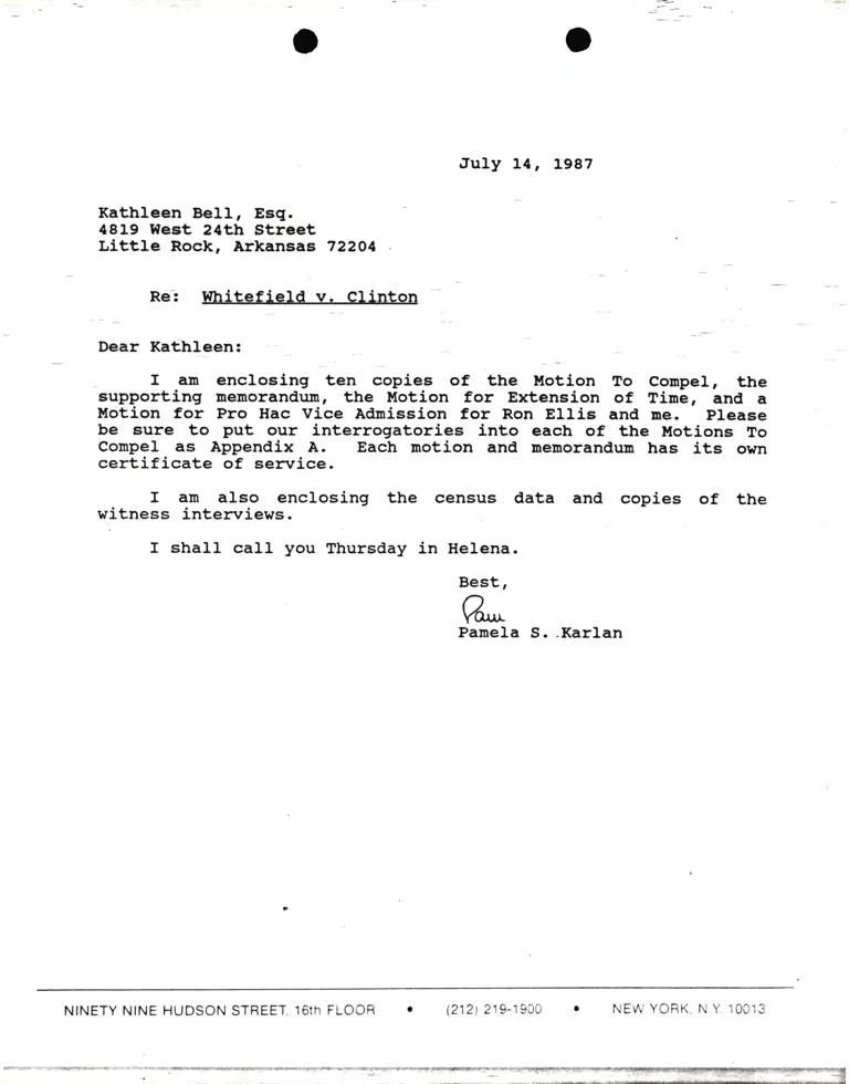 Correspondence from Pamela Karlan to Kathleen Bell, Esq. Re Whitfield v. Clinton preview