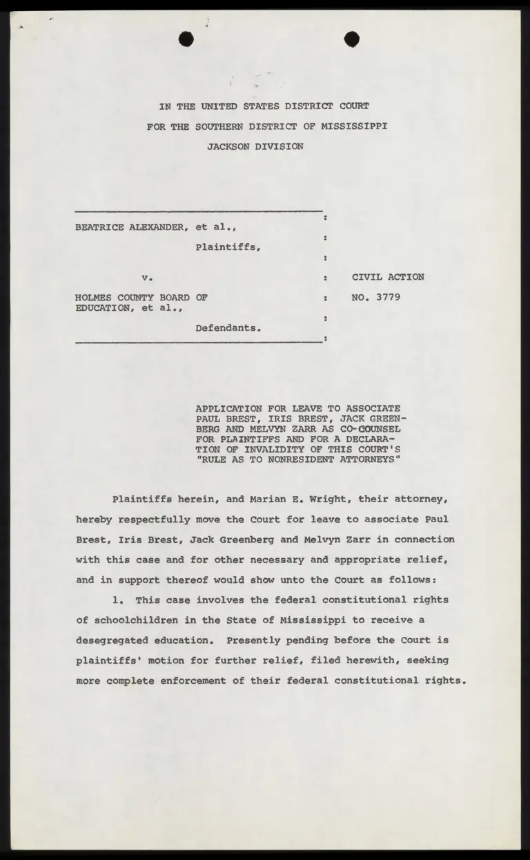 Application for Leave to Associate Co-Counsel and Declaration of Invalidity of "Rule as to Nonresident Attorneys" preview