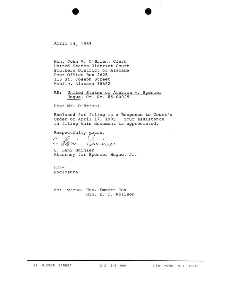Correspondence from Lani Guinier to John V. O'Brien Re: United States v. Hogue preview