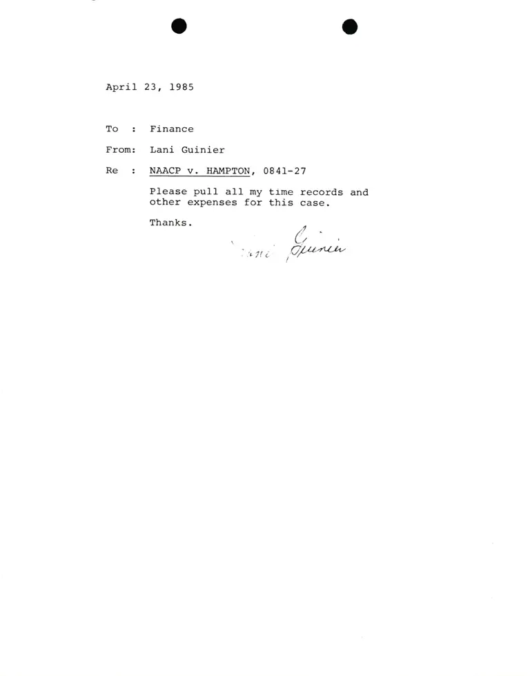Correspondence from Lani Guinier to Finance Re NAACP v. Hampton preview