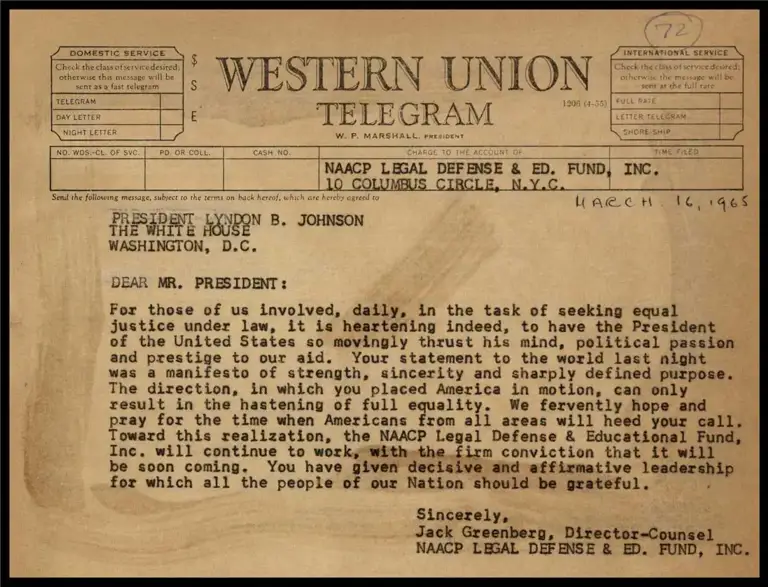 Greenberg Telegram to LBJ on Civil Rights Speech preview
