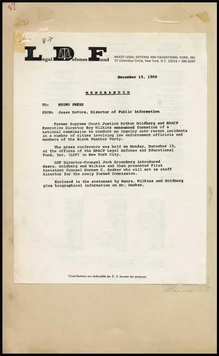 Memorandum on Goldberg and Wilkins Commission for the Black Panther Party; Goldberg and Wilkins Remarks - Statement on Commission of Inquiry into the Black Panthers and Law Enforcement Officials; Background on Norman C. Amaker preview