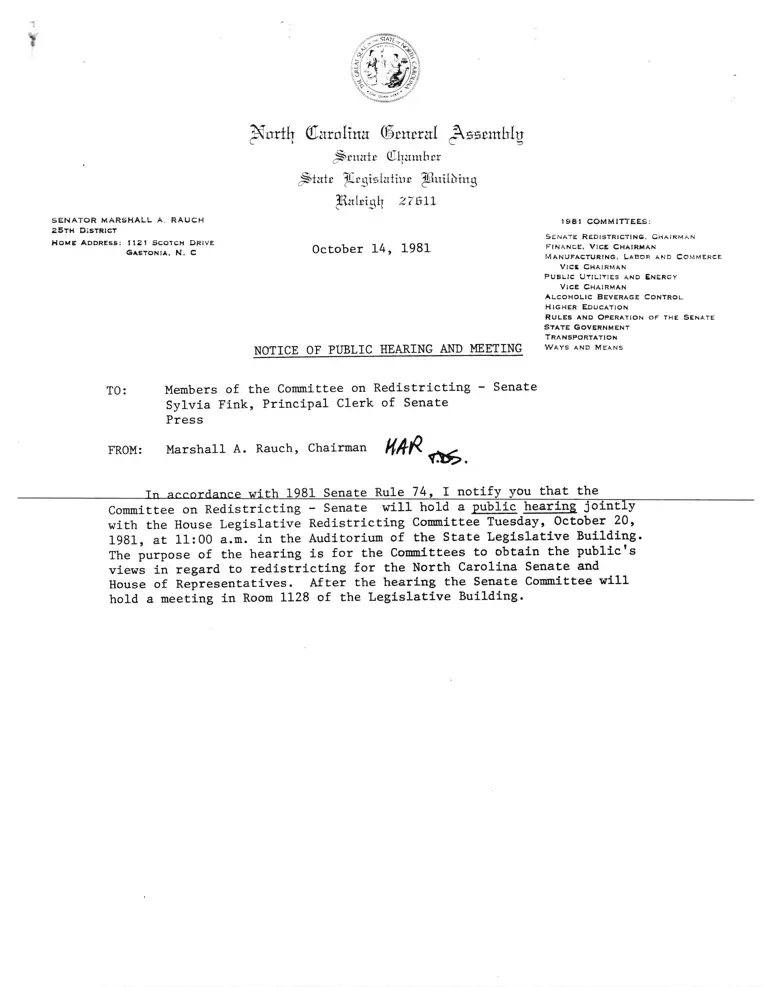 Notice of Public Hearing and Meeting from Rauch to Members of the Committee on Redistricting preview