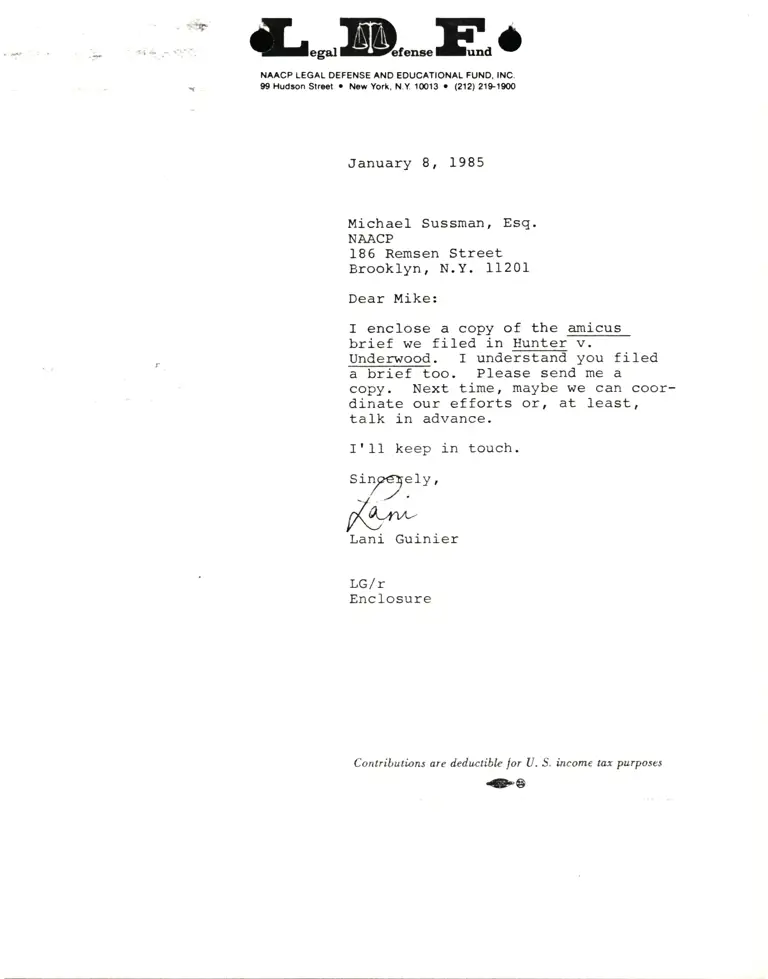 Correspondence from Lani Guinier to Michael Sussman, Esq. (NAACP) Re Hunter v. Underwood preview