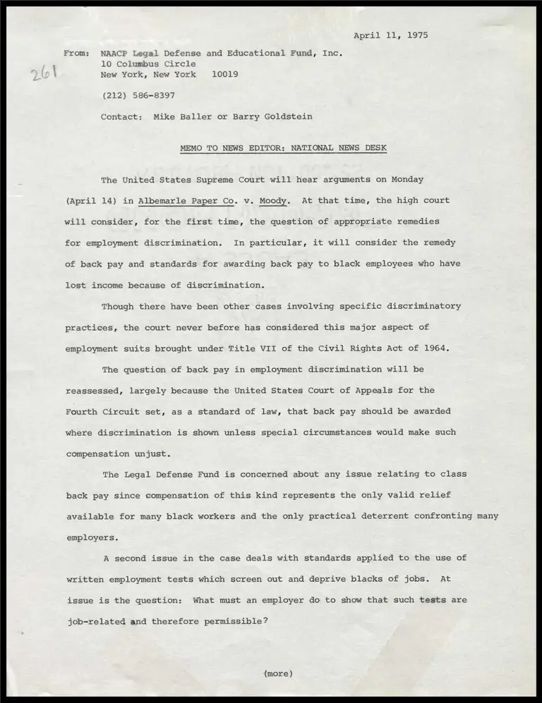 Memorandum on Albemarle Paper Co. v. Moody preview
