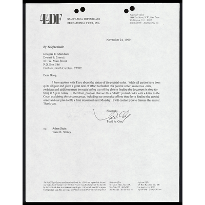 Fax to Markham from Cox RE: Finalization of the pretrial order preview