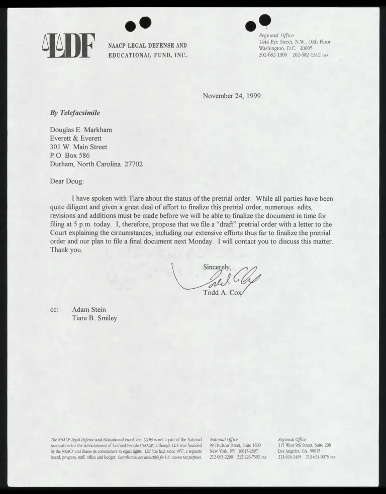 Fax to Markham from Cox RE: Finalization of the pretrial order preview