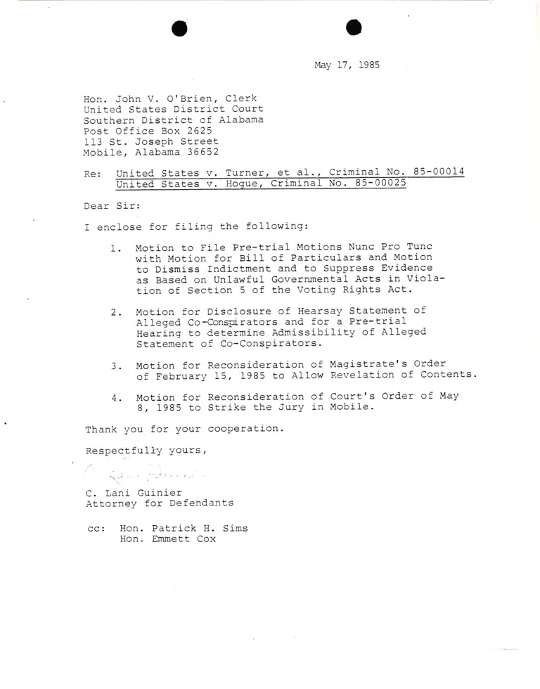 Correspondence from Lani Guinier to John V. O'Brien (Clerk) Re: United States v. Turner and United States v. Hogue preview