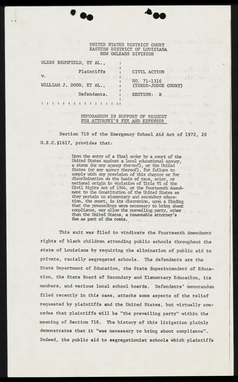 Brumfield v. Dodd Memorandum in Support of Request for Attorney's Fee and Expenses preview