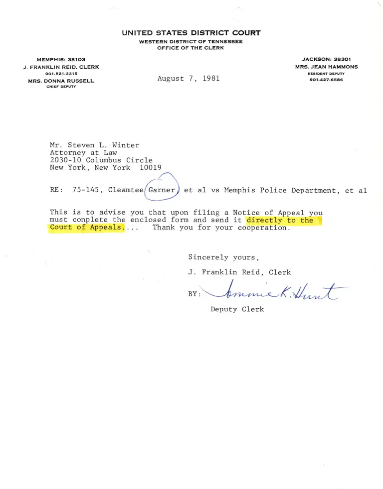 Correspondence from Clerk to Winter; Docket Sheet preview