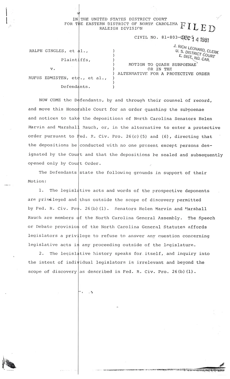 Motion to Quash Subpoena or in the Alternative for a Protective Order; Brief in Support preview