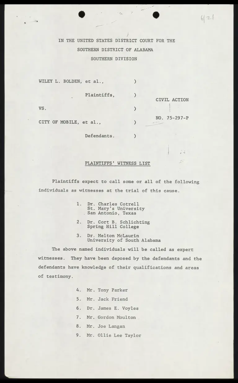 Plaintiffs' Witness List preview