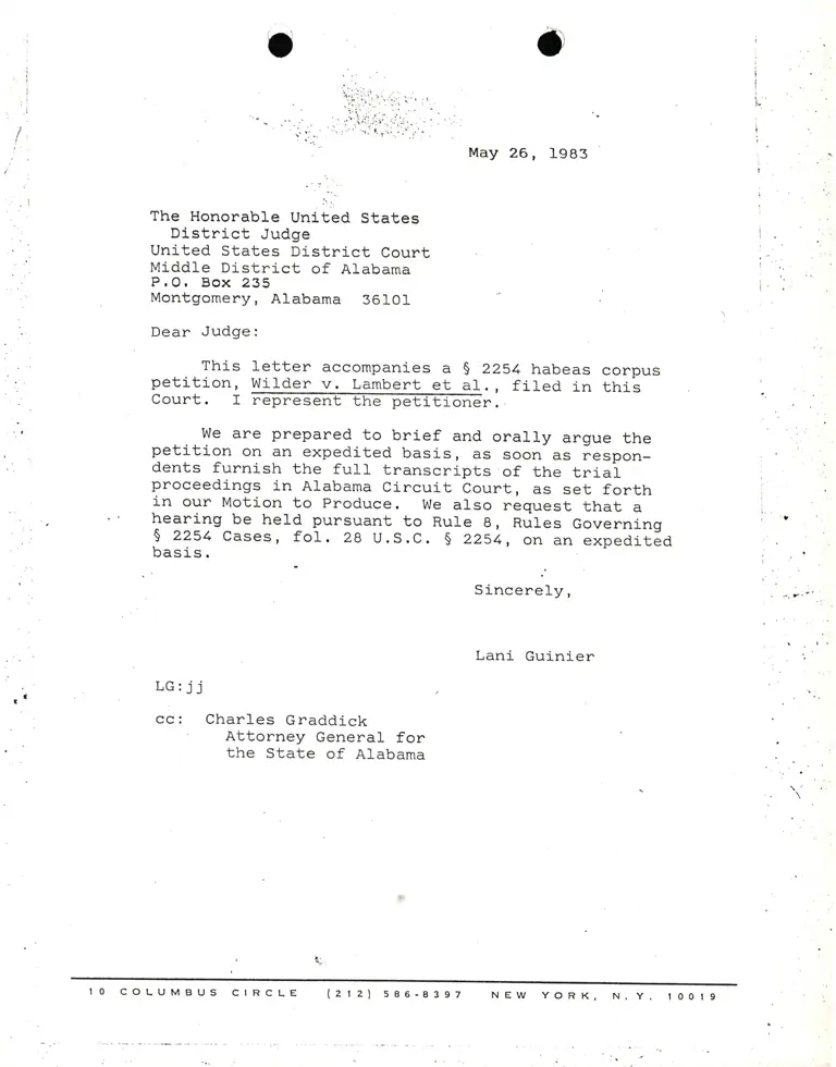 Correspondence from Lani Guinier to District Judge Re: Wilder v. Lambert preview
