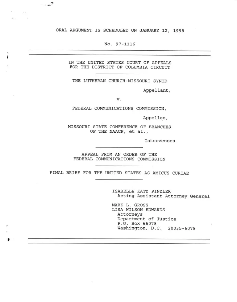 Lutheran Church-Missouri Synod v. FCC and the Missouri State Conference of the NAACP Brief for the United States as Amicus Curiae preview