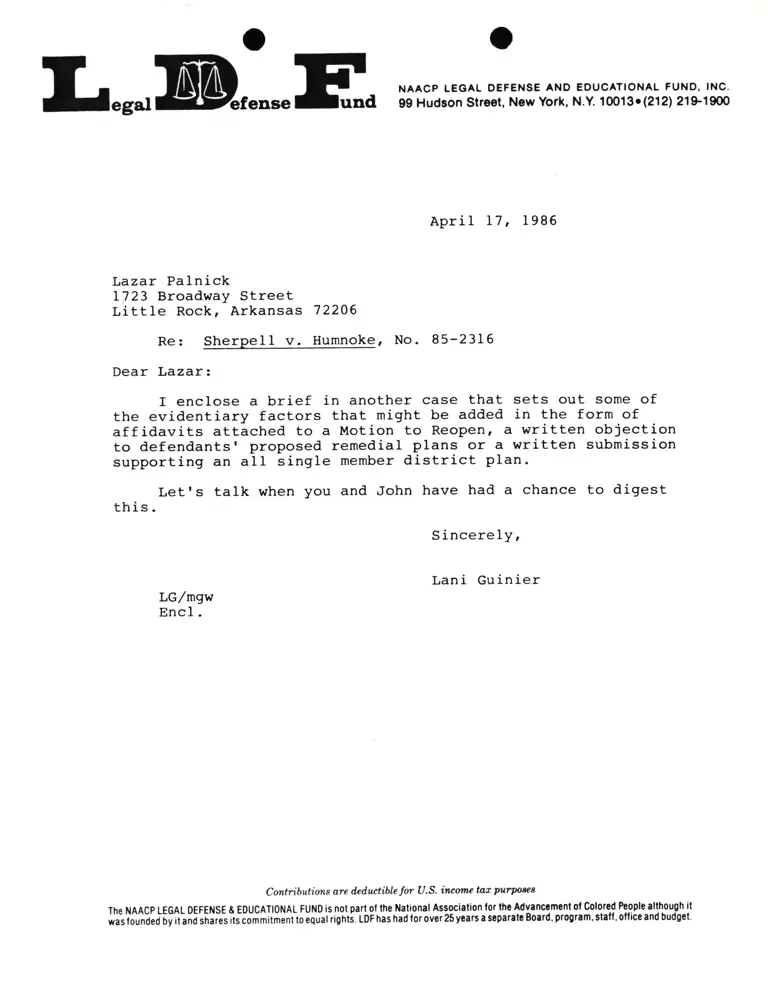 Correspondence from Lani Guinier to Lazar Palnick Re Sherpell v. Humnoke preview